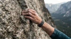 Close-up of a climber wearing a durable canvas bracelet for outdoor activities while gripping a cliff face.