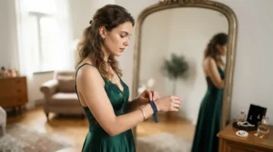 An elegant satin cord bracelet for prom complementing a classic formal dress at a high school dance.