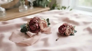 Matching satin cord bracelet for prom and boutonniere set on a dressing table before the big dance.
