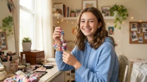 Teenager wearing a trendy satin cord bracelet for prom while getting ready with friends on prom night.